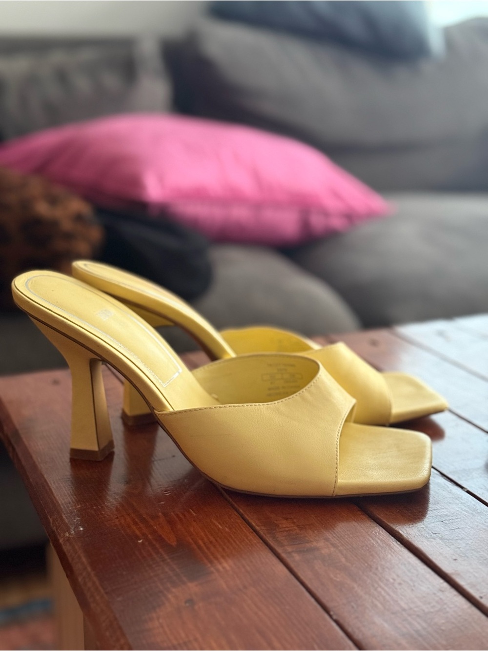 Zara Lemon Yellow Leather Open-Toe Mules
